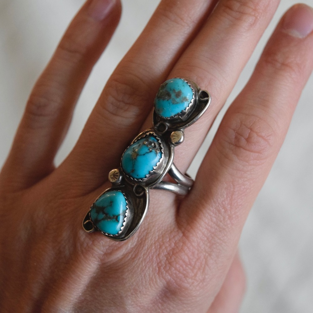 Vintage Size 7 Morenci Turquoise Pyrite Triple Stone Long Ring Sterling Silver - Picture 2 of 7